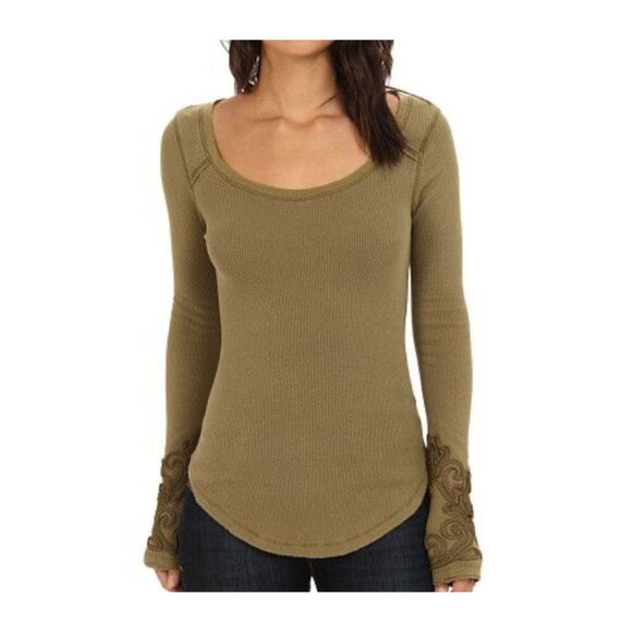 Free People Masquerade Cuff Thermal Sweater Size Small Olive Green Waffle Knit - Picture 2 of 15